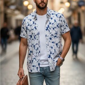 Michael Kors Men's Navy and White Patterned Shirt